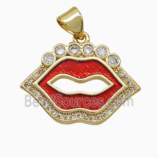 Copper Lips Pendant Pave Zirconia Red Painted 18K Gold Plated