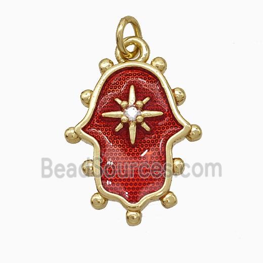 Copper Hamsahand Pendant Pave Zirconia Red Painted 18K Gold Plated