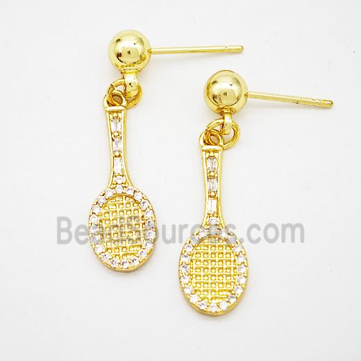 Tennis Racket Copper Stud Earrings Pave Zirconia Sports Gold Plated