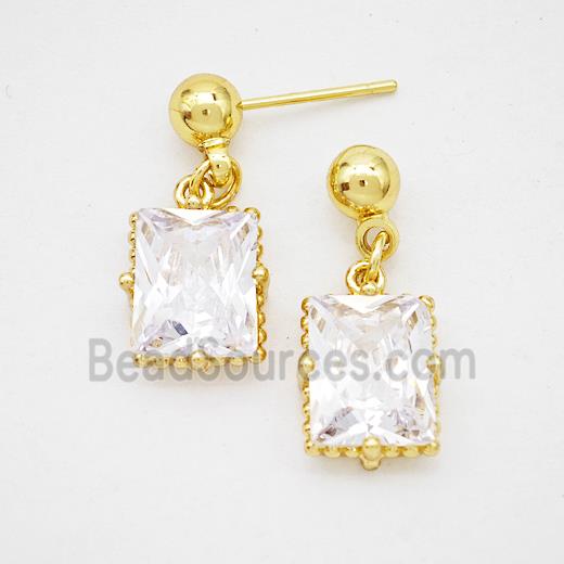 Copper Rectangle Stud Earrings Pave Crystal Glass Gold Plated