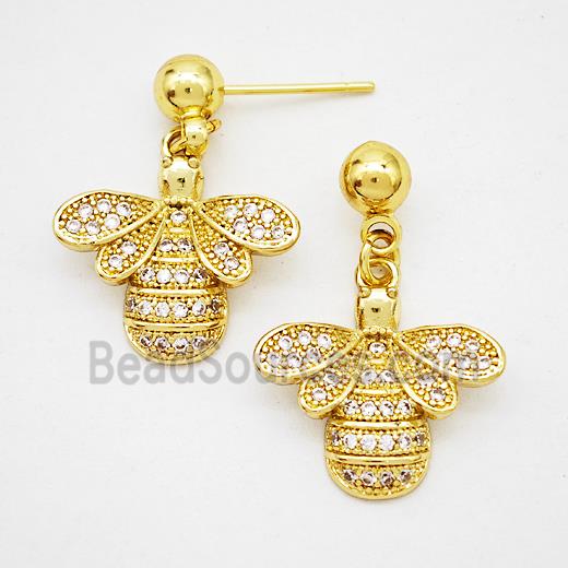 Copper HoneyBee Stud Earrings Pave Zirconia Gold Plated
