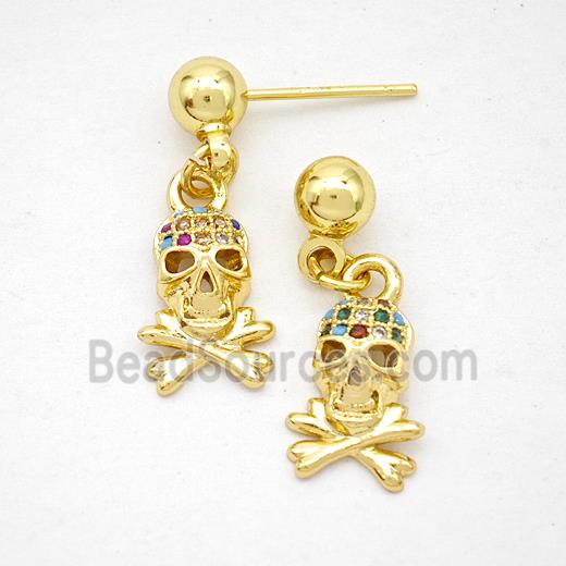 Copper Skull Stud Earrings Pave Zirconia Gold Plated