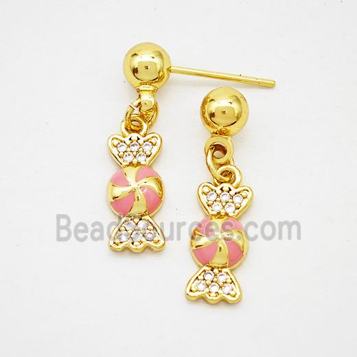 Copper Candy Stud Earrings Pink Enamel Gold Plated