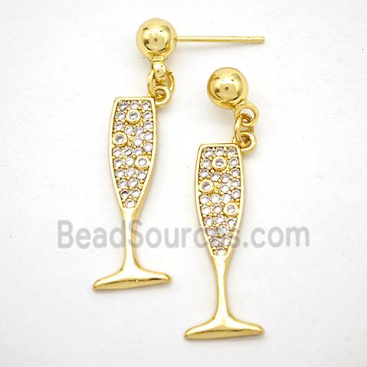 Copper Wine Cup Stud Earrings Pave Zirconia Gold Plated