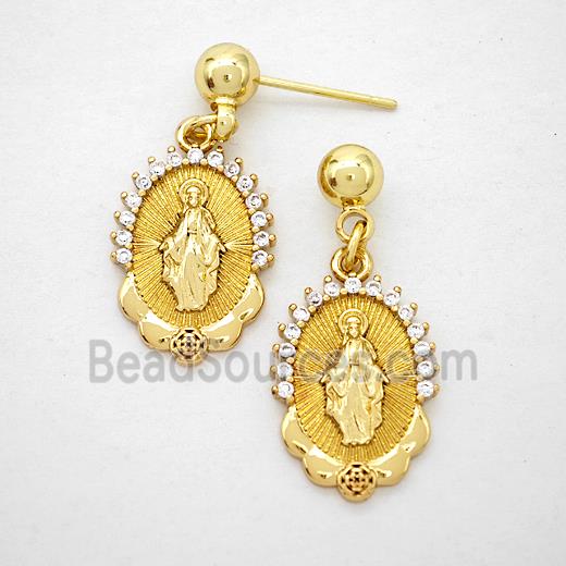 Copper Virgin Mary Stud Earrings Pave Zirconia Gold Plated