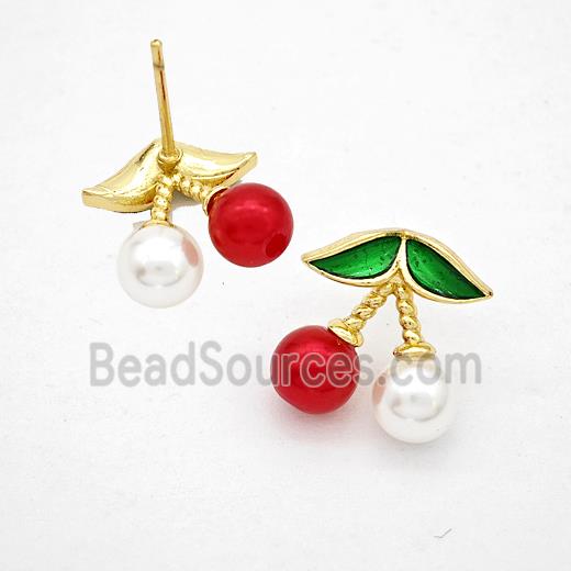 Copper Cherry Stud Earrings Pave Pearlized Resin Gold Plated