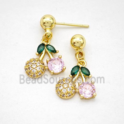 Copper Cherry Stud Earrings Pave Zirconia Gold Plated