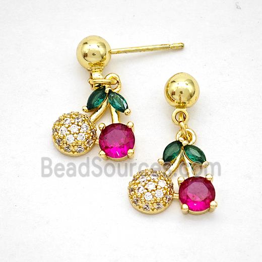Copper Cherry Stud Earrings Pave Zirconia Gold Plated
