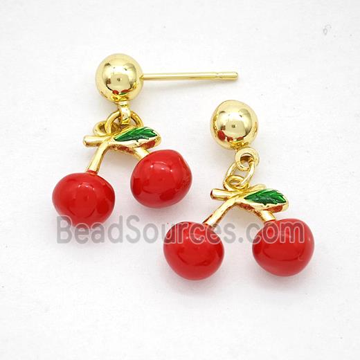 Copper Cherry Stud Earrings Red Enamel Gold Plated