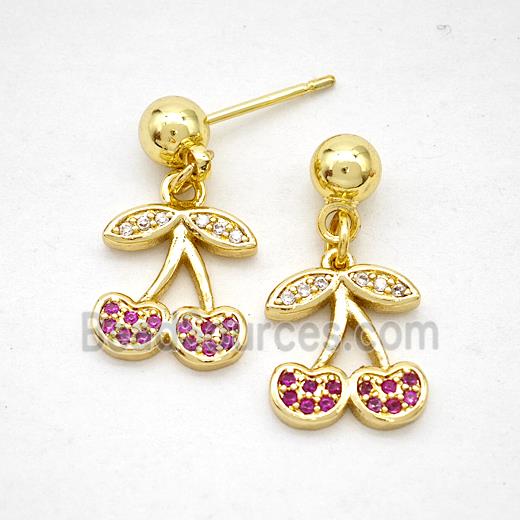 Copper Cherry Stud Earrings Pave Zirconia Gold Plated