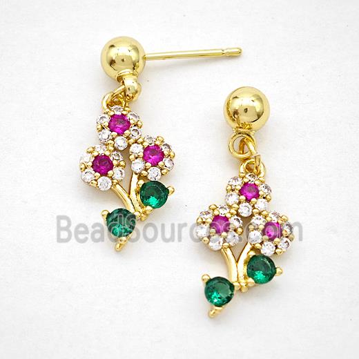 Copper Flower Stud Earrings Pave Zirconia Gold Plated