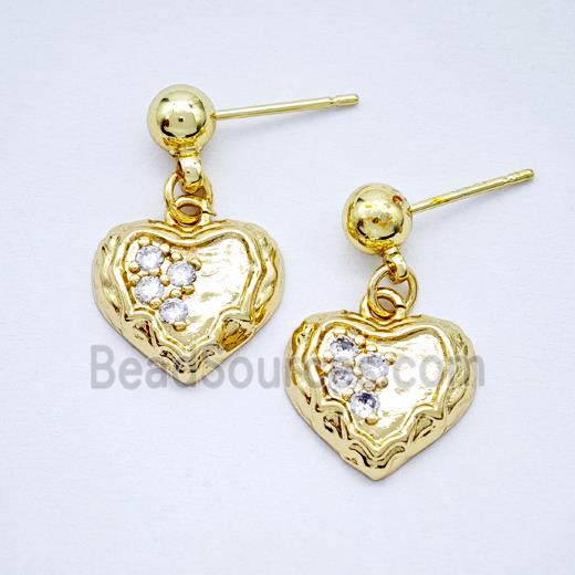 Copper Heart Stud Earrings Pave Zirconia Gold Plated
