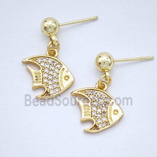 Copper Fish Stud Earrings Pave Zirconia Gold Plated