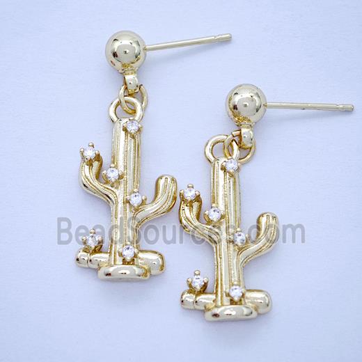 Copper Cactus Stud Earrings Pave Zirconia Gold Plated