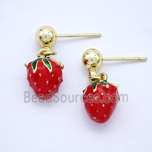 Copper Strawberry Stud Earrings Red Enamel Gold Plated