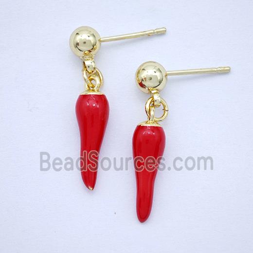 Copper Chili Stud Earrings Red Enamel Gold Plated