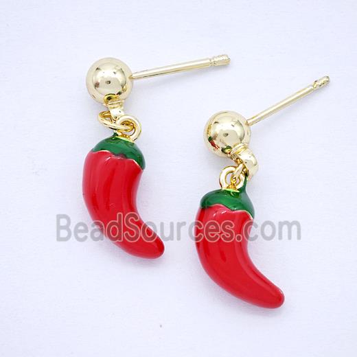 Copper Chili Stud Earrings Red Enamel Gold Plated
