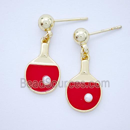 Copper Stud Earrings Red Enamel Table Tennis Rackets Sports Gold Plated