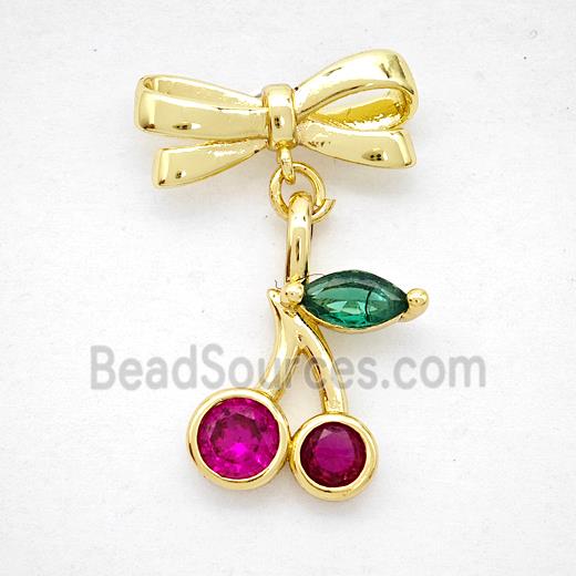 Copper Bowknot And Cherry Earrings Pave Zirconia Gold Plated