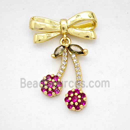Copper Bowknot And Cherry Earrings Pave Zirconia Gold Plated