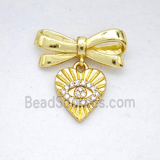 Copper Bowknot And Heart Eye Earrings Pave Zirconia Gold Plated