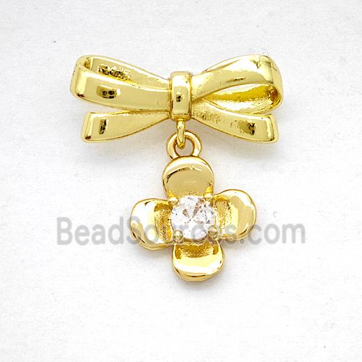 Copper Bowknot And Flower Earrings Pave Zirconia Gold Plated