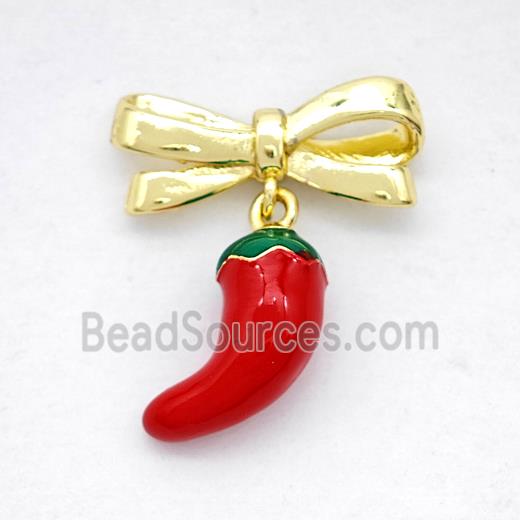 Copper Bowknot And Chili Earrings Red Enamel Gold Plated