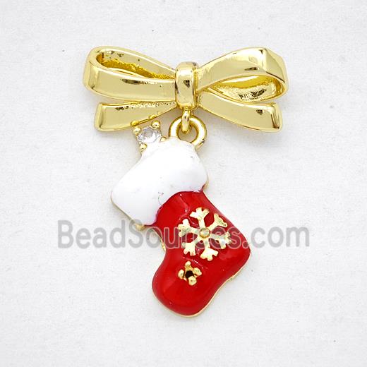 Copper Bowknot And Christmas Stocking Earrings Red Enamel Gold Plated