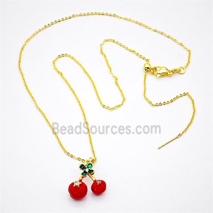 Copper Cherry Necklace Red Enamel Gold Plated