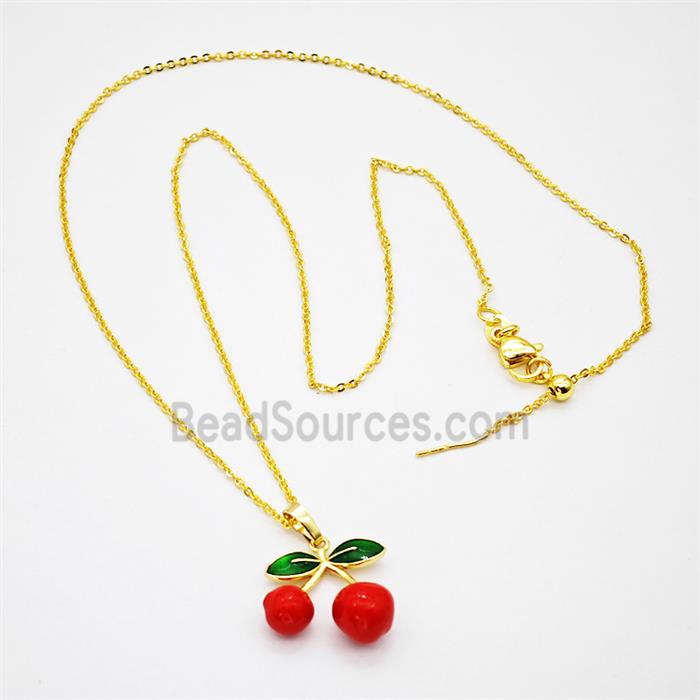 Copper Cherry Necklace Red Enamel Gold Plated