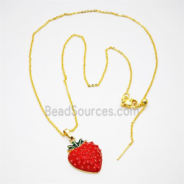 Copper Strawberry Necklace Red Enamel Gold Plated