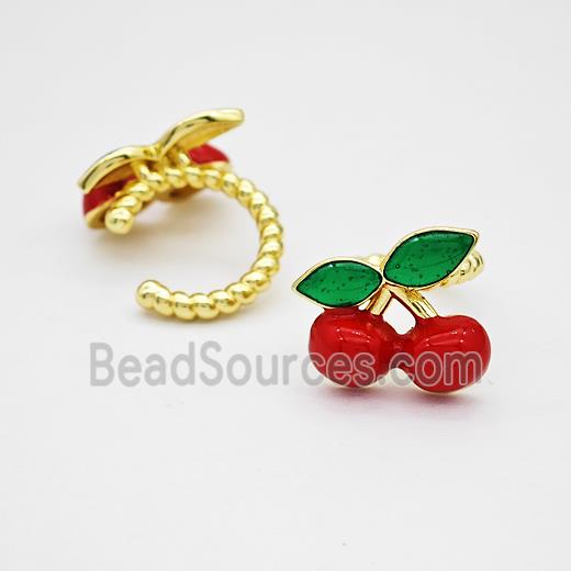 Copper Cherry Clip Earrings Red Enamel Gold Plated