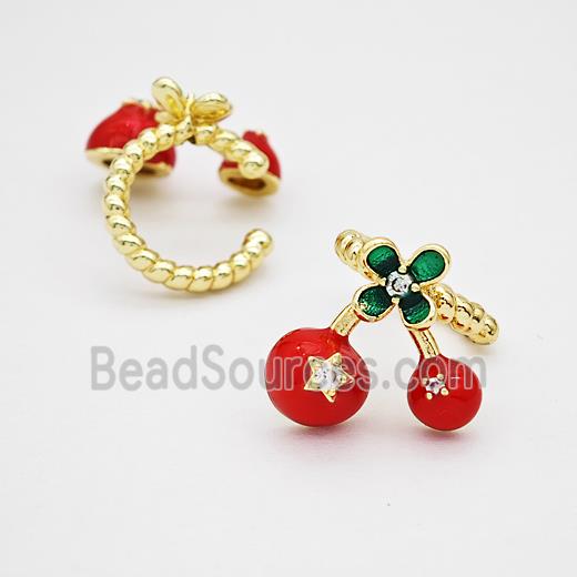 Copper Cherry Clip Earrings Red Enamel Gold Plated