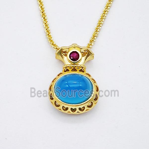 Copper Necklace With FortuneBag Pave Blue Jade Gold Plated