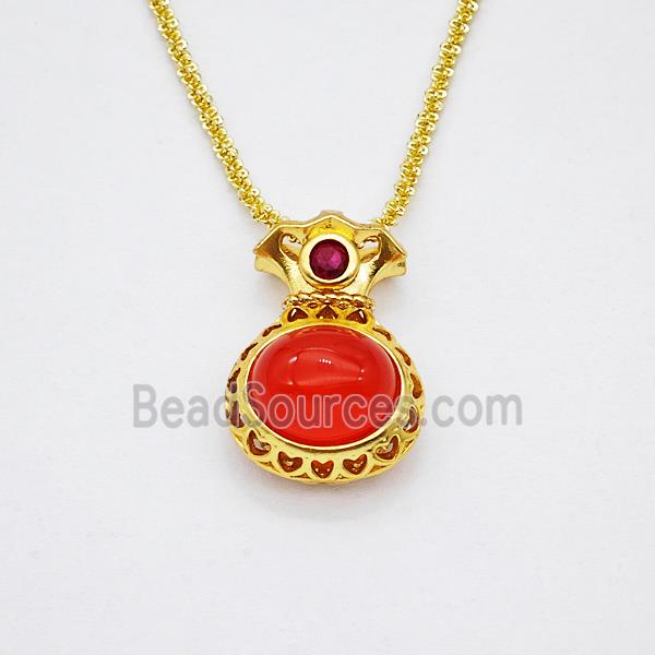 Copper Necklace With FortuneBag Pave Red Jade Gold Plated