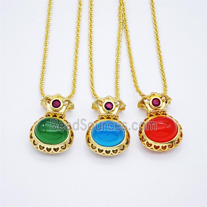 Copper Necklace With FortuneBag Pave Jade Gold Plated Mixed