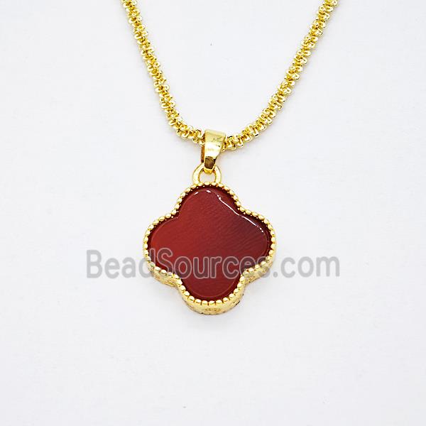Copper Clover Necklace Pave Red Agate Gold Plated