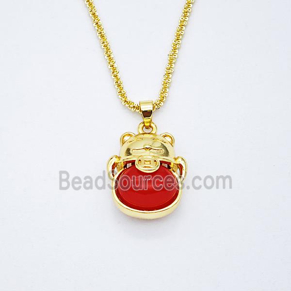 Copper Luckycat Necklace Pave Red Agate Gold Plated