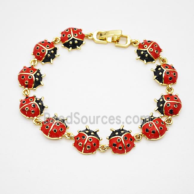 Copper Ladybug Bracelets Pave Zirconia Red Enamel Gold Plated