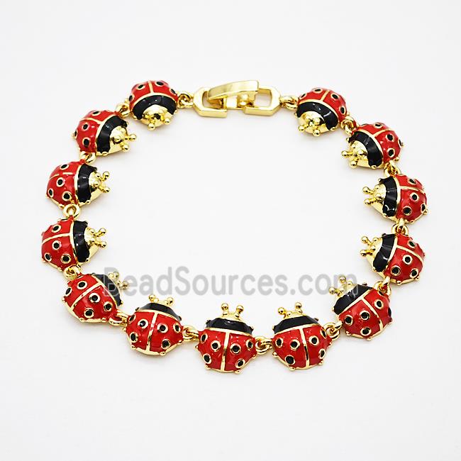 Copper Ladybug Bracelets Pave Zirconia Red Enamel Gold Plated