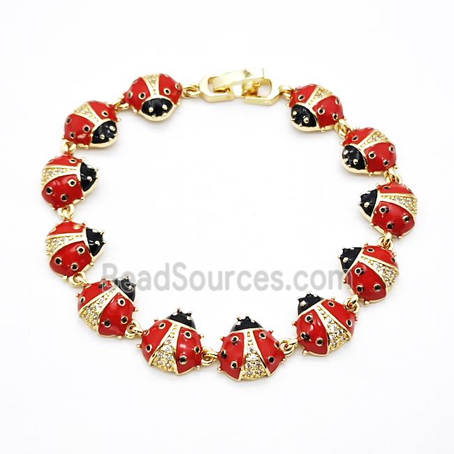 Copper Ladybug Bracelets Pave Zirconia Red Enamel Gold Plated