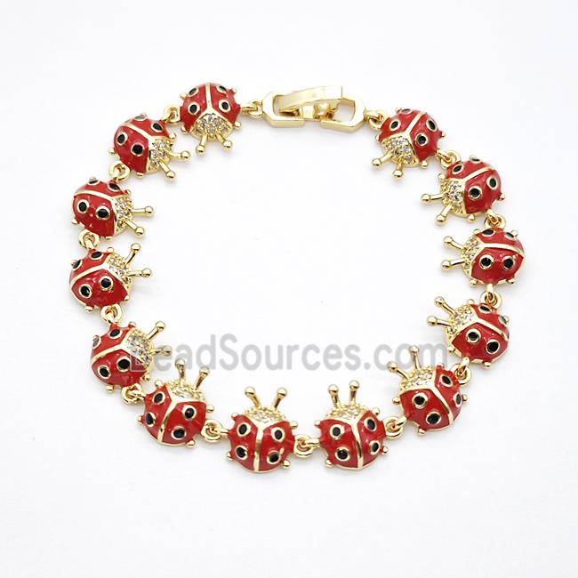 Copper Ladybug Bracelets Pave Zirconia Red Enamel Gold Plated
