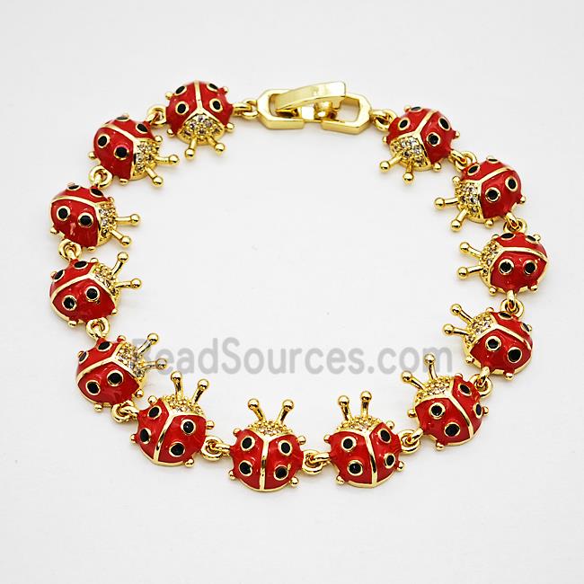 Copper Ladybug Bracelets Pave Zirconia Red Enamel Gold Plated