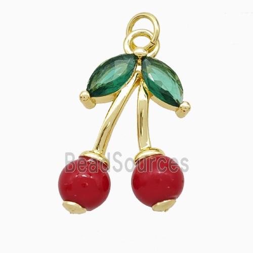 Copper Cherry Pendant Pave Red Pearlized Resin Gold Plated