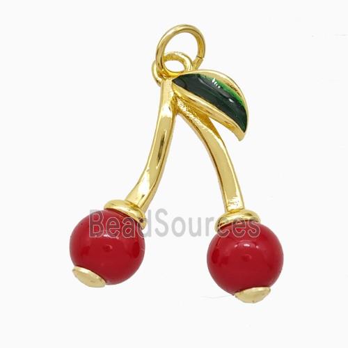 Copper Cherry Pendant Pave Red Pearlized Resin Gold Plated