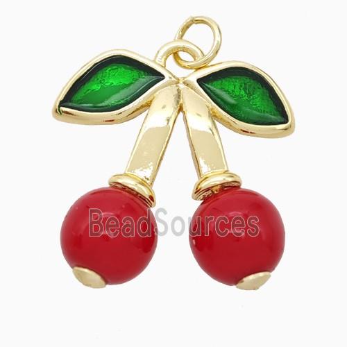 Copper Cherry Pendant Pave Red Pearlized Resin Gold Plated