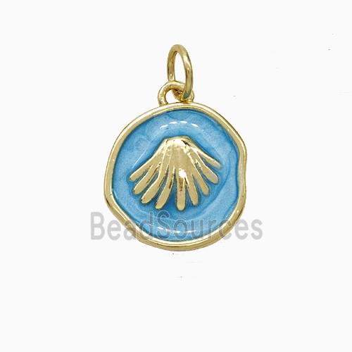 Copper Scallop Shell Pendant Blue Painted Circle Gold Plated