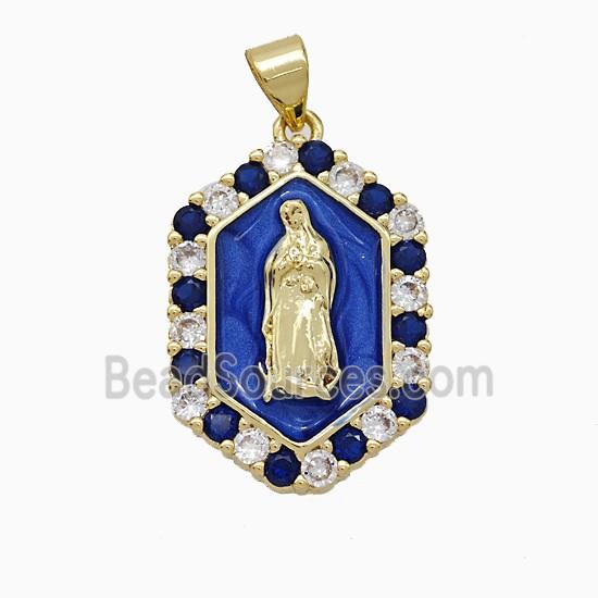 Copper Jesus Pendant Pave Zirconia Blue Enamel Gold Plated
