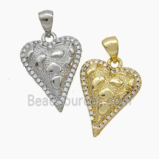 Copper Heart Pendant Pave Zirconia Hammered Mixed