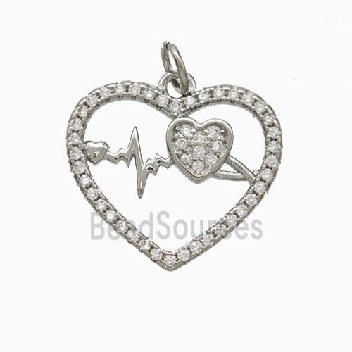 Copper Heart Pendant Pave Zirconia Heartbeat Platinum Plated